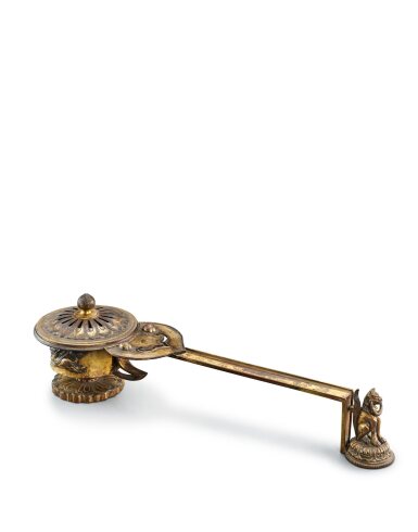 View full screen - View 1 of Lot 3615. A very rare gilt-bronze handled incense burner, queweilu, 7th century | 七世紀 鎏金銅瑞獸紋鵲尾爐.