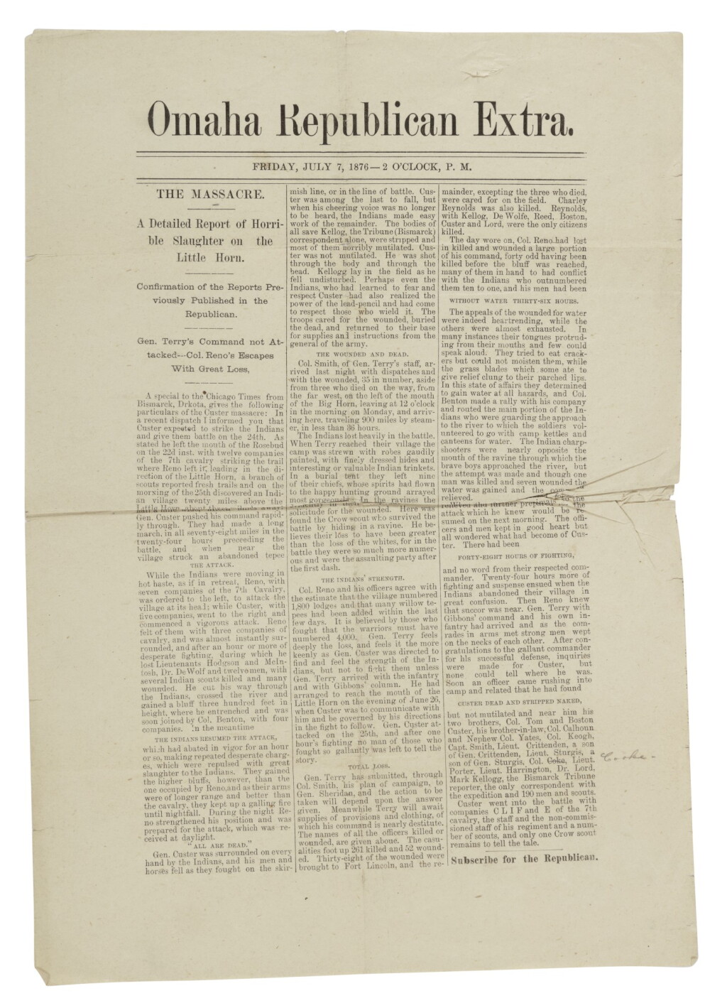 View full screen - View 1 of Lot 35. (CUSTER, GEORGE ARMSTRONG & THE BATTLE OF THE LITTLE BIGHORN) | "The Massacre. A Detailed Report of Horrible Slaughter on the Little Horn," in Omaha Republican Extra. Omaha, Friday, July 7, 1876—2 O'Clock, P.M..