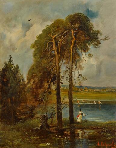 View full screen - View 1 of Lot 22. Girl Tending Cows by a Pond.