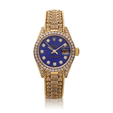 View full screen - View 1 of Lot 89. Reference 69158 Datejust | A yellow gold and diamond-set automatic wristwatch with date, bracelet and lapis lazuli dial, Circa 1994 | 勞力士 69158 型號 Datejust | 黃金鑲鑽石自動上鏈鍊帶腕錶備日期顯示,配青金石錶盤,約1994年製.