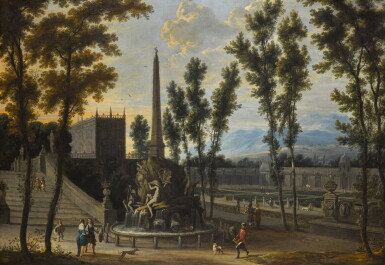 View full screen - View 1 of Lot 128. A capriccio of an Italianate palatial garden with figures beside Gian Lorenzo Bernini's fountain of The Four Rivers.