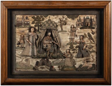 View full screen - View 1 of Lot 536. An English raised stumpwork work and embroidered coral Old Testament Biblical picture panel, mid-17th century.