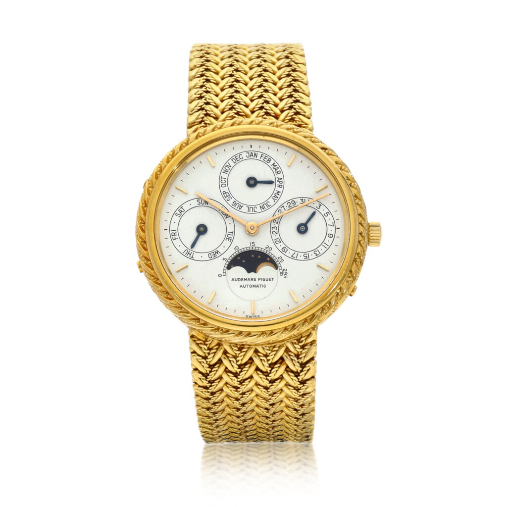 View full screen - View 1 of Lot 8343. Quantieme Perpetuel Automatique | A yellow gold perpetual calendar bracelet watch with moon phases, Circa 1990 | 愛彼 Quantieme Perpetuel Automatique | 黃金萬年曆鏈帶腕錶,備月相顯示,約1990年製.