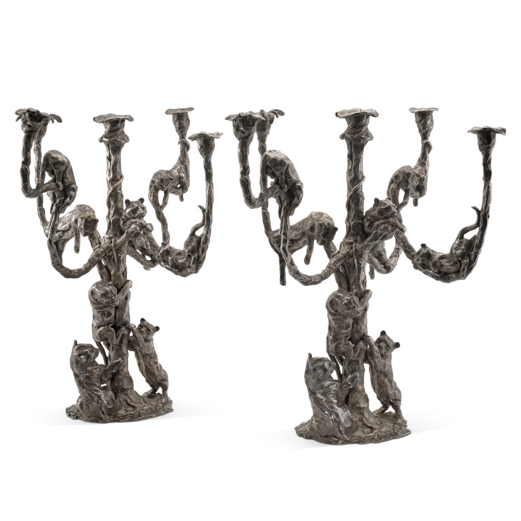 View full screen - View 1 of Lot 255. A pair of French silver-plate five-light candelabra, José-Maria David, late 20th century.