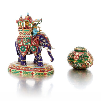 View full screen - View 1 of Lot 21. Indian enamel figurine and pill box (Statuina e scatolina in smalti policromi).