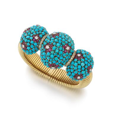 View full screen - View 1 of Lot 64. Turquoise, ruby and diamond bracelet | Bracciale in turchesi, rubini e diamanti .