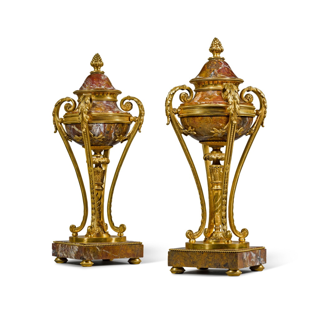 View full screen - View 1 of Lot 79. A pair of Louis XVI style gilt-bronze mounted jasper atheniennes, late 19th century.