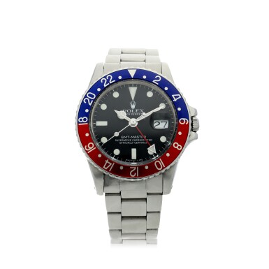 View full screen - View 1 of Lot 101. ROLEX | REFERENCE 1675 GMT-MASTER 'PEPSI' A STAINLESS STEEL AUTOMATIC DUAL TIME WRISTWATCH WITH DATE AND BRACELET, CIRCA 1970.