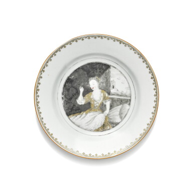 View full screen - View 1 of Lot 242. A grisaille decorated 'Seamstress' plate, Qing dynasty, 18th century.