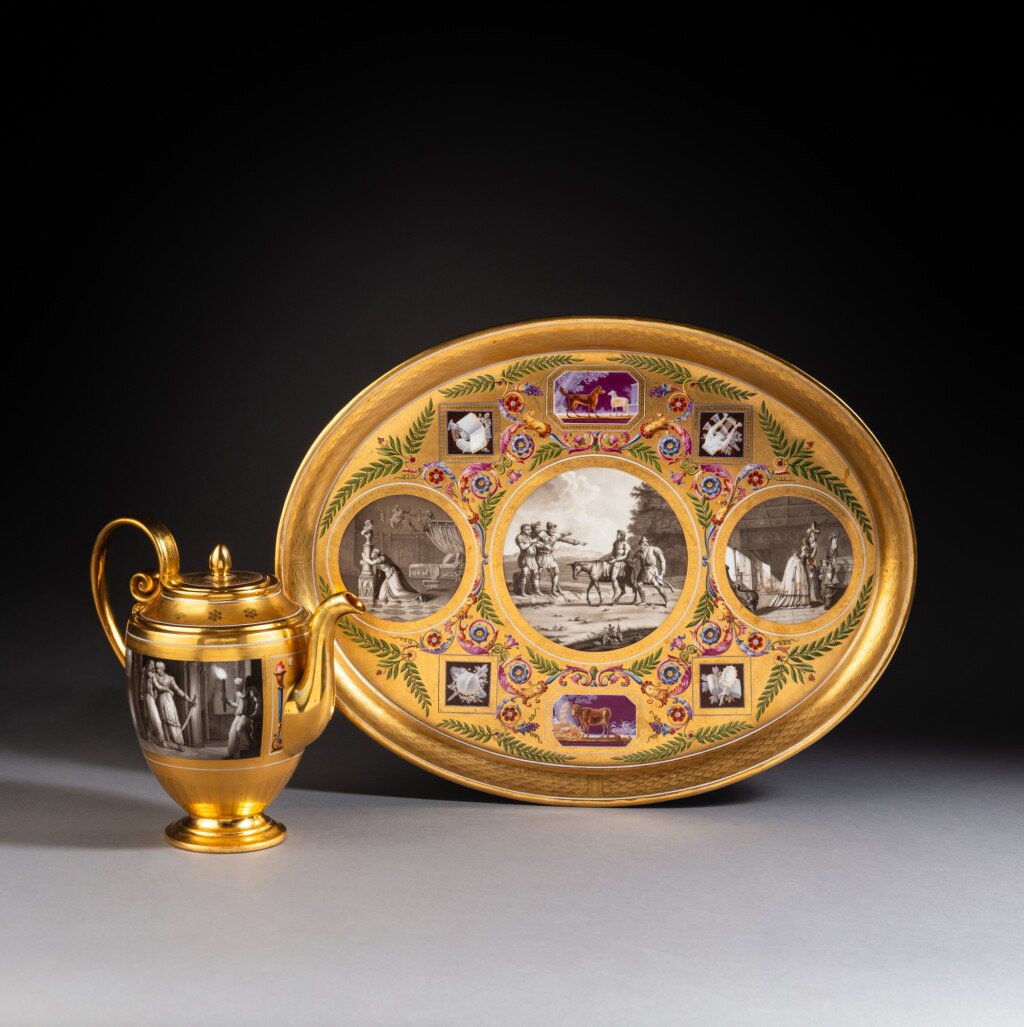 View full screen - View 1 of Lot 85. A Sèvres (hard paste) porcelain gold-ground oval tray and teapot and cover, 'théière Asselin', from the déjeuner service 'fables de la Fontaine', circa 1812, probably presented by Empress Marie-Louise to Hortense de Beauharnais, Queen of Holland.