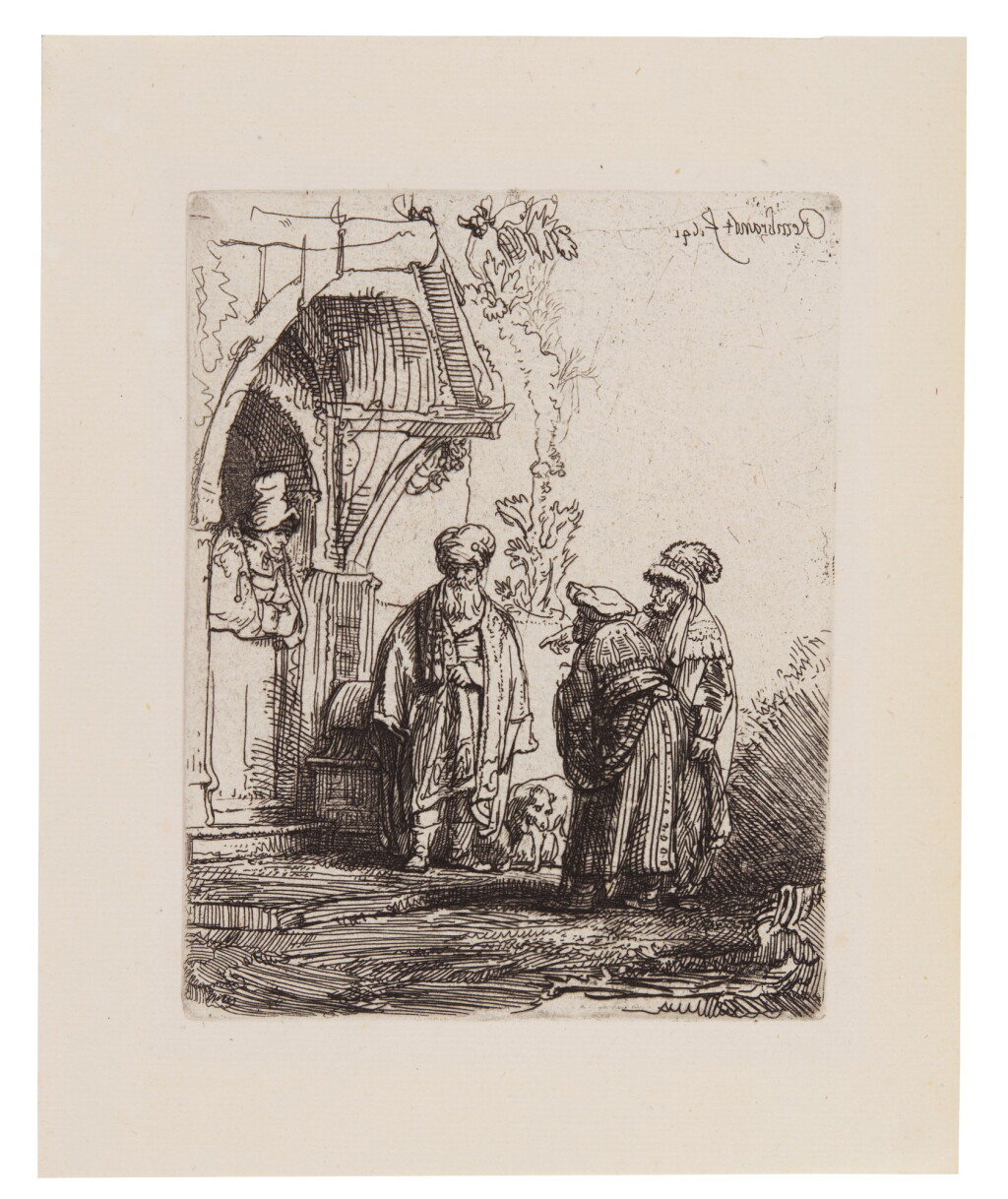 View full screen - View 1 of Lot 109. Three Oriental Figures (Jacob and Laban?) (B., Holl. 118; New Holl. 190; H. 183).