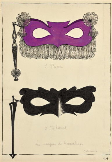 View full screen - View 1 of Lot 69. YURI PAVLOVICH ANNENKOV | DESIGNS FOR EYE MASKS FOR THE MARRIAGE OF FIGARO (TWO WORKS).