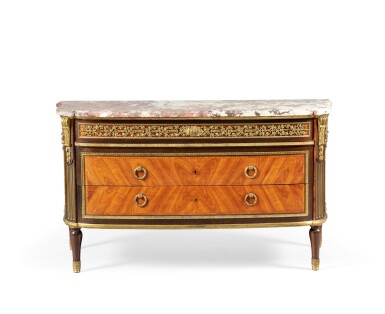 View full screen - View 1 of Lot 183. A gilt-bronze mounted tulipwood and amaranth commode, by Maison Krieger, after a royal model by Jean-François Leleu | Commode en placage de bois de rose, d'amarante et bronze doré par la maison Krieger, d'après un modèle royal de Jean-François Leleu.