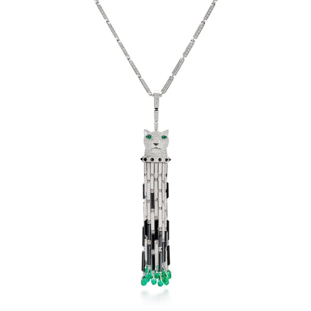 View full screen - View 1 of Lot 1814. 'Panthère' Diamond, Onyx and Emerald Pendent Necklace | 卡地亞 | 'Panthère' 鑽石 配 縞瑪瑙 及 祖母綠 項鏈.