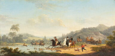 View full screen - View 1 of Lot 630. Deer hunting scene | Scène de chasse à courre au cerf.