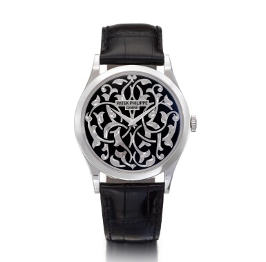 View full screen - View 1 of Lot 27. Reference 5088/100P-001 Rare Handcrafts, Retailed by Tiffany & Co.: A platinum wristwatch with champlevé black enamel dial, accompanied by white gold cufflinks, Circa 2014 百達翡麗 5088/100P-001型號 Rare Handcrafts 鉑金腕錶配雕刻內填琺瑯錶盤,附白金袖扣一對,約2014年製,零售商為蒂芙尼.