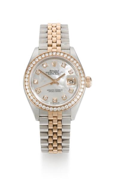 View full screen - View 1 of Lot 21. ROLEX | DATEJUST, REFERENCE 279381RBR STAINLESS STEEL AND PINK GOLD DIAMOND-SET WRISTWATCH WITH MOTHER-OF-PEARL DIAL, DATE AND BRACELET, CIRCA 2016.