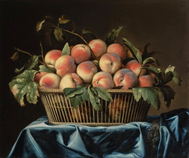 View full screen - View 1 of Lot 25. Still Life of Peaches in a Wicker Basket atop a Blue Tablecloth.