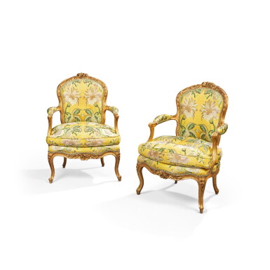 View full screen - View 1 of Lot 805. A pair of Louis XV giltwood fauteuils en cabriolet, Paris, circa 1750.