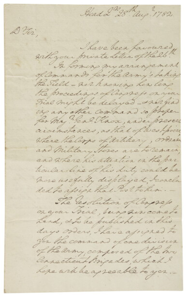 View full screen - View 1 of Lot 2160. Washington, George. Autograph letter signed, to Major General Alexander McDougall, 28 August 1782.