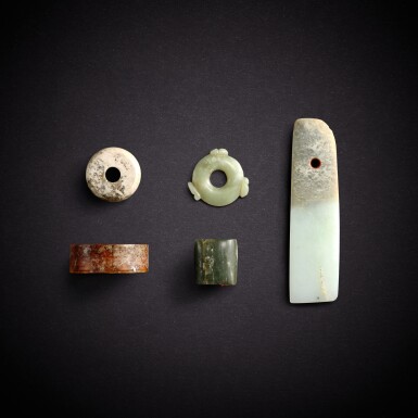 View full screen - View 1 of Lot 7828. Five jade tools and ornaments, Neolithic period - Shang dynasty | 新石器時代至商 玉器五件.
