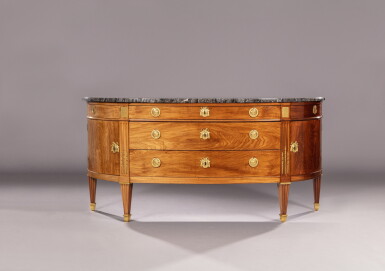 View full screen - View 1 of Lot 53. A Louis XVI large gilt-bronze mounted mahogany commode, stamped by Charles Krier | Commode demi-lune en placage d'acajou veiné, monture de bronze doré, estampille de Charles Krier.