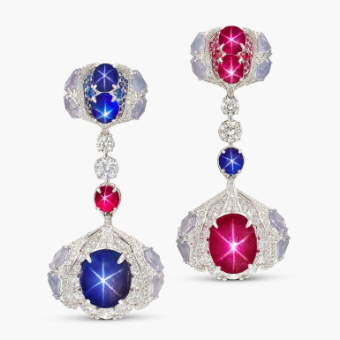 View full screen - View 1 of Lot 1744. Star Ruby, Star Sapphire, Gemstones and Diamond Pendent Earrings | 10.12及 10.12克拉 天然「緬甸」未經加熱星光紅寶石 配 未經加熱星光藍寶石 配寶石 及 鑽石 耳墜一對.