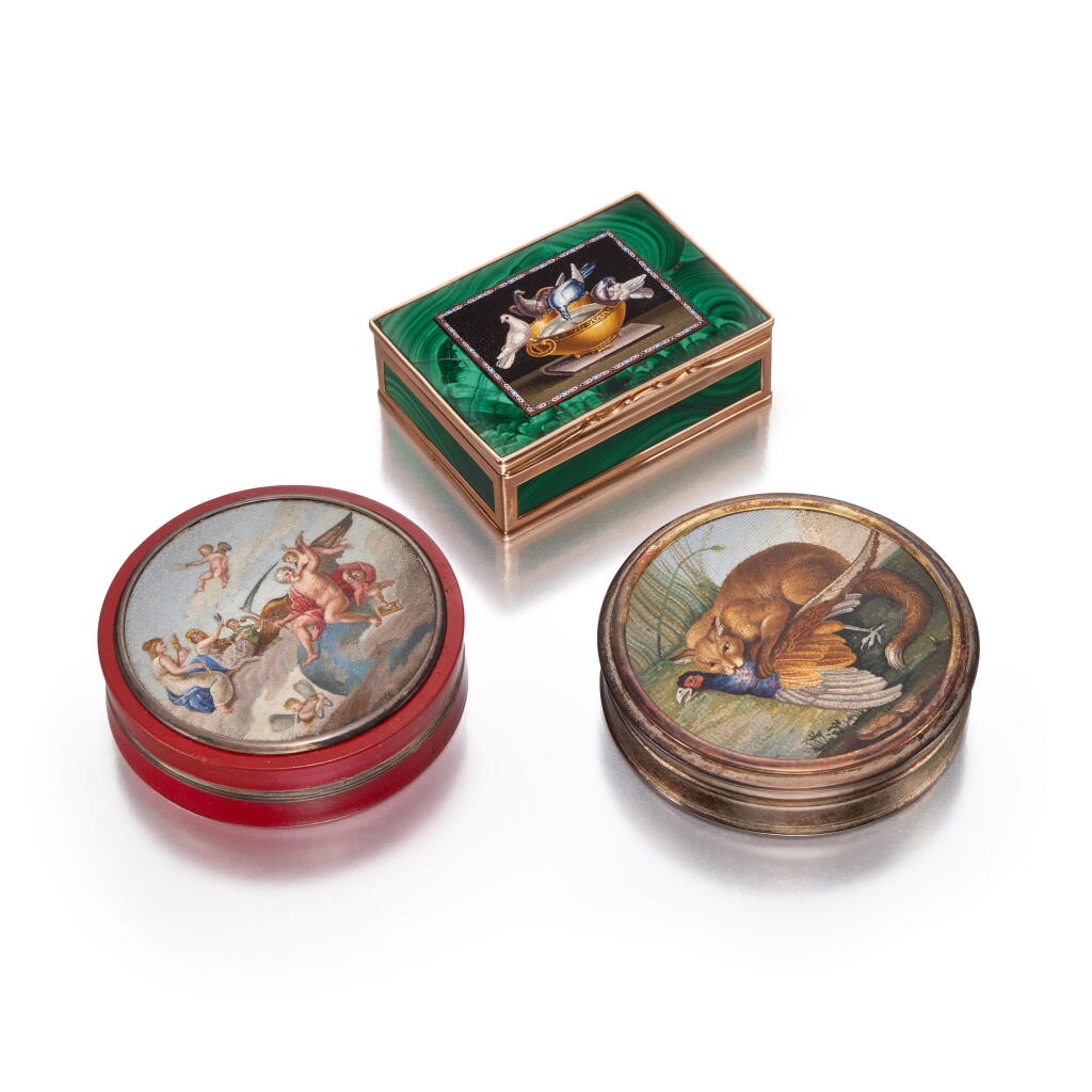 View full screen - View 1 of Lot 478. A Group of Three Micromosaic and Hardstone Snuff Boxes with Silver and Gold Mounts, Early 19th Century.