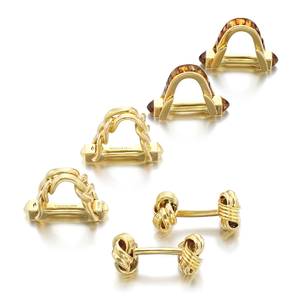View full screen - View 1 of Lot 1241. Pair of gold cufflinks, Cartier and two pairs of gold and gem set cufflinks.
