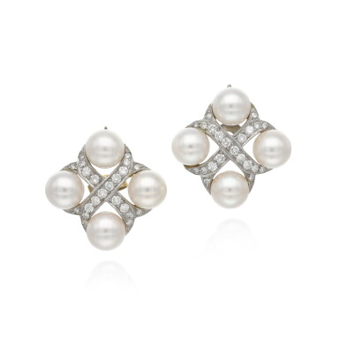 View full screen - View 1 of Lot 131. Pair of cultured pearl and diamond earrings.