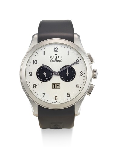 View full screen - View 1 of Lot 8189. ZENITH | EL PRIMERO GRANDE CLASS, REFERENCE 03 0520 4010, AN OVERSIZED STAINLESS STEEL CHRONOGRAPH WRISTWATCH WITH DATE, CIRCA 2008.