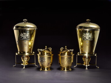 View full screen - View 1 of Lot 32. Royal: a pair of George III silver-gilt picnic vases on stands with burners, John Emes, London, 1804.