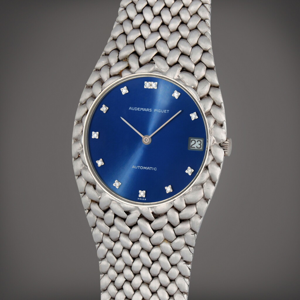 View full screen - View 1 of Lot 222. Cobra, Reference 5403 | A white gold wristwatch with integrated bracelet, diamond indexes and date | Circa 1980.