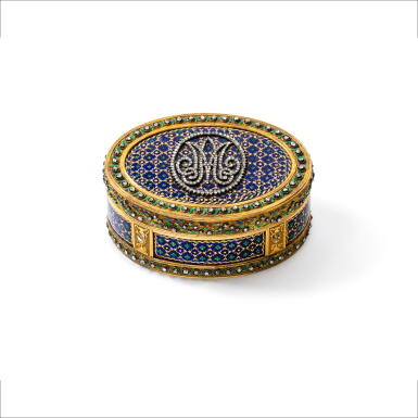View full screen - View 1 of Lot 117. A jewelled gold and enamel snuff box, Etienne-Michel Hallet, Paris, 1780/1781.