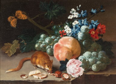 View full screen - View 1 of Lot 644. Still life with a mouse, hazelnuts, fruits and flowers.