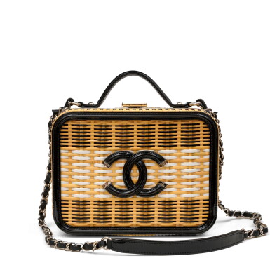 View full screen - View 1 of Lot 1144. Yellow and Black Rattan Woven Top Handle Vanity Case Silver Hardware, 2019.