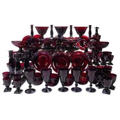 View full screen - View 1 of Lot 1224. A Continental Red-Amethyst Engraved Glass Table Service, 19th Century.