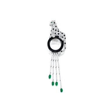 View full screen - View 1 of Lot 1781. CARTIER | 'PANTHÈRE' EMERALD, ONYX AND DIAMOND BROOCH 卡地亞 | 'Panthère' 祖母綠 配 縞瑪瑙 及 鑽石 別針.