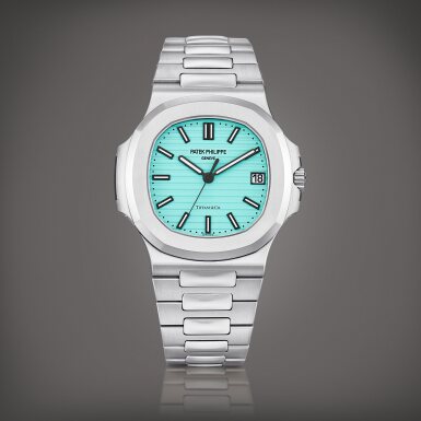 View full screen - View 1 of Lot 84. Nautilus, Reference 5711 | A brand new limited edition stainless steel bracelet watch with date and Tiffany turquoise lacquered dial, Retailed by Tiffany & Co., Made to commemorate the 170th anniversary of the partnership between Patek Philippe and Tiffany & Co., Circa 2022 | 百達翡麗 | Nautilus 型號5711 | 全新限量版精鋼鏈帶腕錶,備日期顯示及 Tiffany turquoise 漆製錶盤,由 Tiffany & Co. 發行,為紀念百達翡麗與 Tiffany & Co. 合作170週年而製,約2022年製.