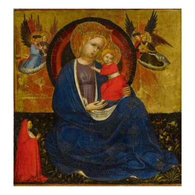 View full screen - View 1 of Lot 101. ATTRIBUTED TO ANTONIO DI GUIDO 'ALBERTI' DA FERRARA | MADONNA OF HUMILITY BETWEEN FOUR ANGELS AND A KNEELING PRELATE.