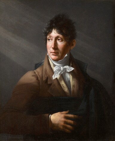 View full screen - View 1 of Lot 166. Portrait of a gentleman, half-length, wearing a brown coat, blue cloak and white cravat.