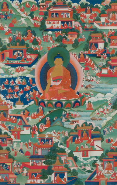 View full screen - View 1 of Lot 603. A thangka depicting Shakyamuni Buddha and Avadana stories, Tibet, 19th century.