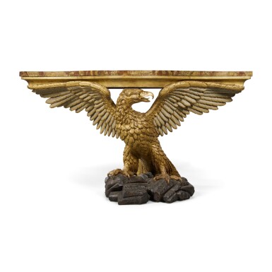 View full screen - View 1 of Lot 97. A Pair of Regency Style Eagle-Form Giltwood Console Tables .