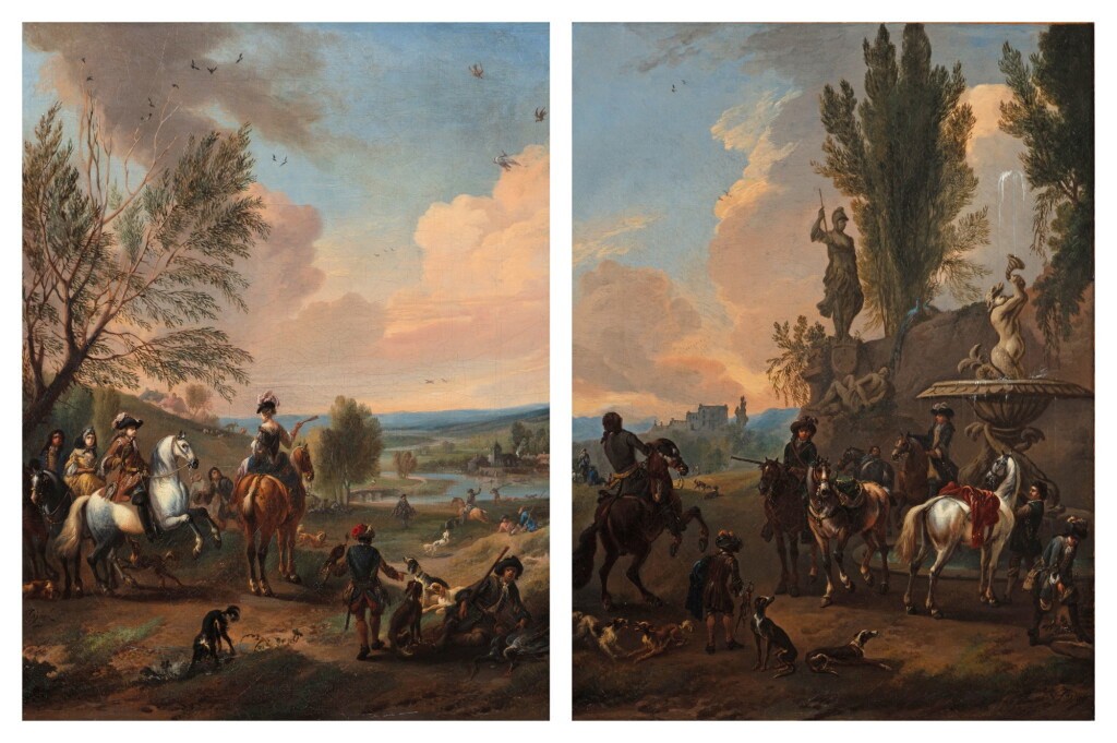 View full screen - View 1 of Lot 152. (I) An elegant hunting party resting under a tree, a river and a village beyond; (II) An elegant hunting party resting near a sculpted fountain | (I) Scène de chasse aux personnages près d'une rivière ; (II) Chasseurs se reposant près d'une fontaine.