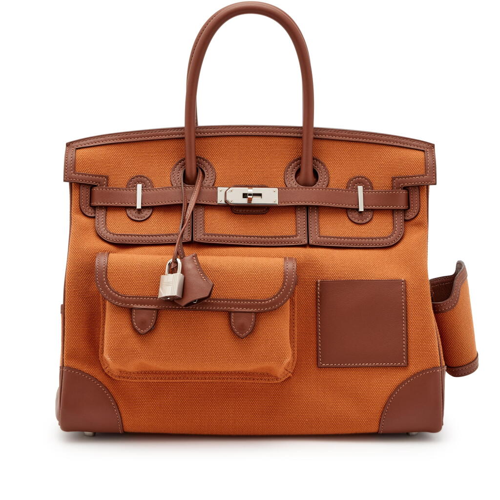View full screen - View 1 of Lot 68. Limited Edition Marron d’inde Swift and Gold Toile Goeland Canvas Cargo Birkin 35 Palladium Hardware, 2020.