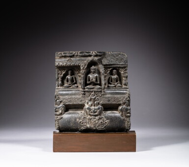 View full screen - View 1 of Lot 138. A carved black stone pedestal depicting Buddhas, Eastern India, Pala period, 11th - 12th century | 東印度 帕拉王朝十一至十二世紀 黑石雕佛須彌座.
