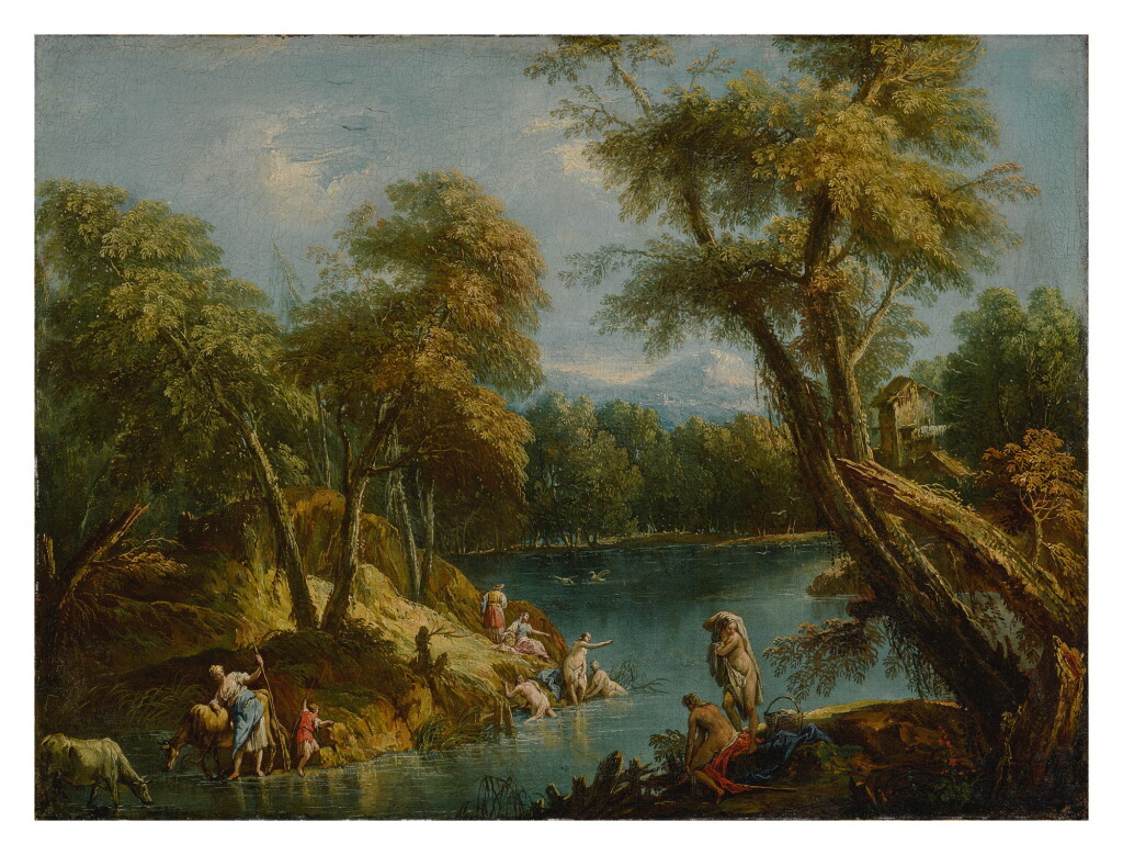 View full screen - View 1 of Lot 600. A wooded landscape with figures and animals by a lake.