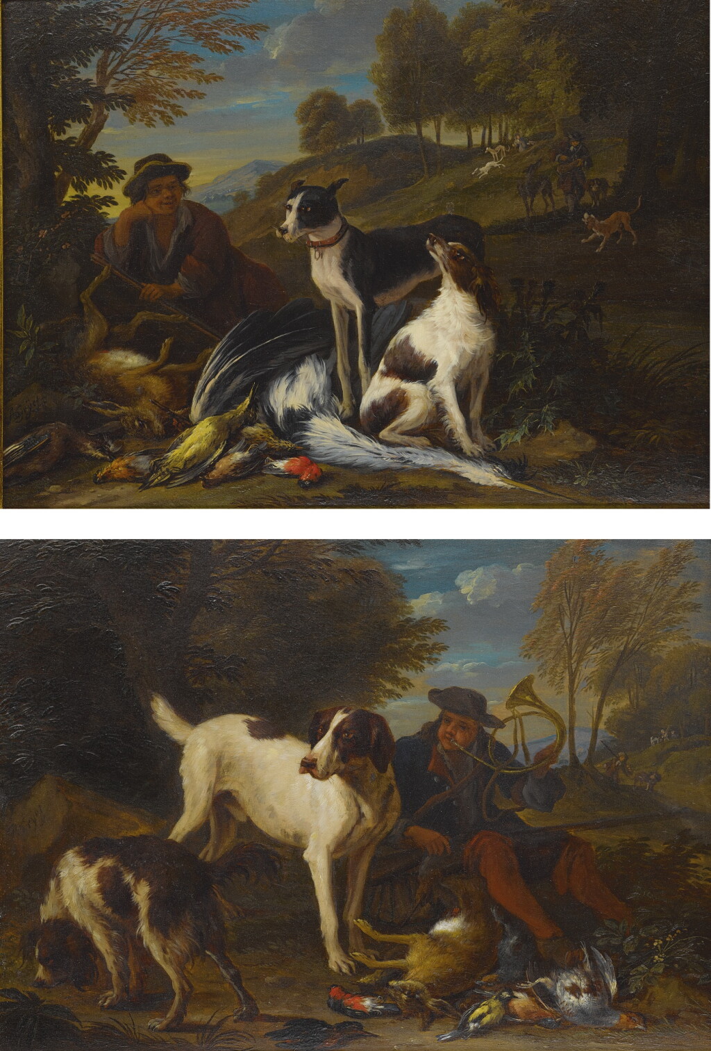 View full screen - View 1 of Lot 868. Adriaen de Grijef | A STILL LIFE WITH A HUNTER HOLDING A GUN, GAME, AND DOGS, AND A LANDSCAPE BEYOND; A STILL LIFE WITH A HUNTER HOLDING A TRUMPET, GAME, AND DOGS, AND A LANDSCAPE BEYOND: A PAIR.