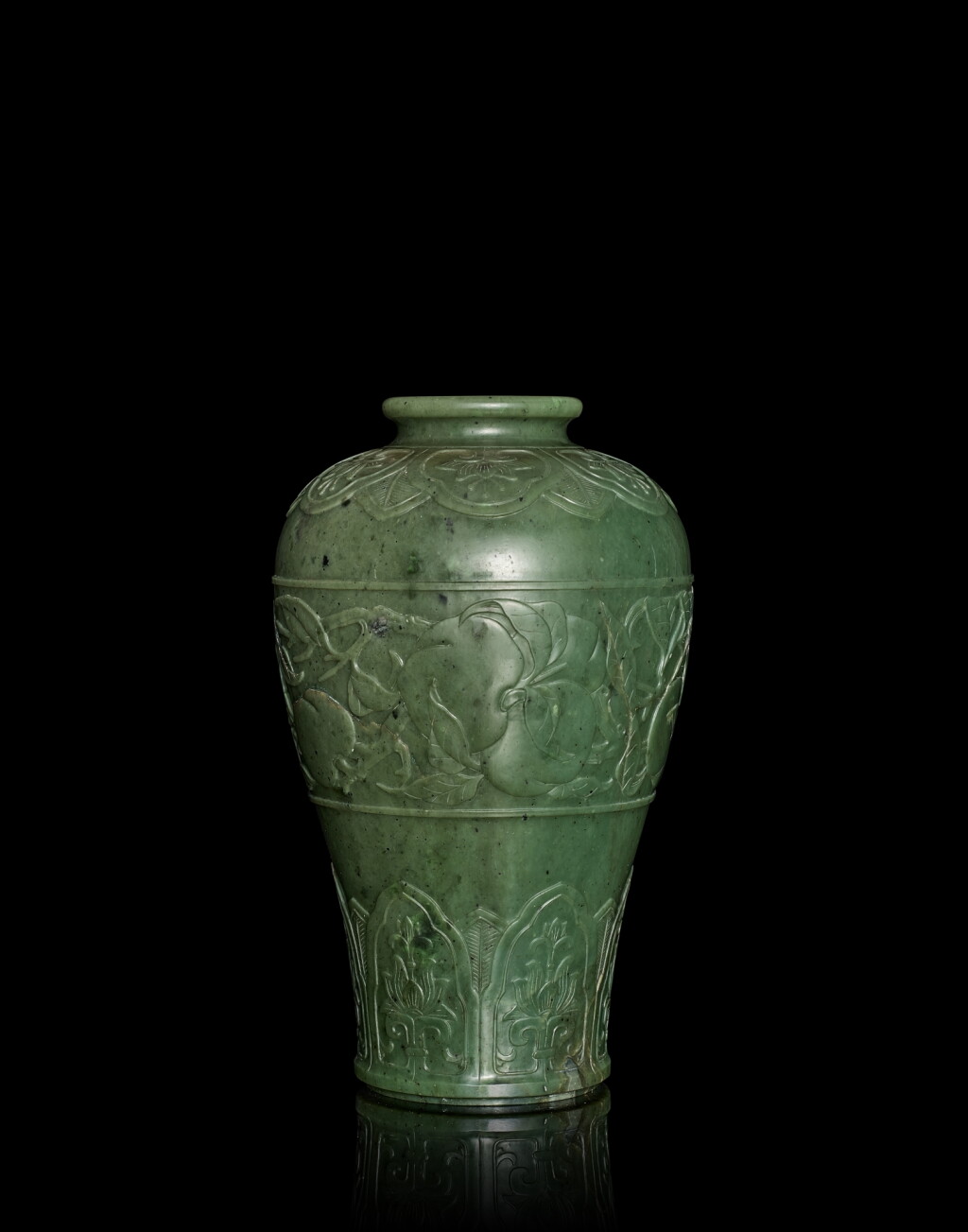 View full screen - View 1 of Lot 3891. An extremely rare spinach-green jade 'peach' vase, meiping, Mark and period of Jiaqing | 清嘉慶 碧玉九桃梅瓶 《嘉慶年製》款.
