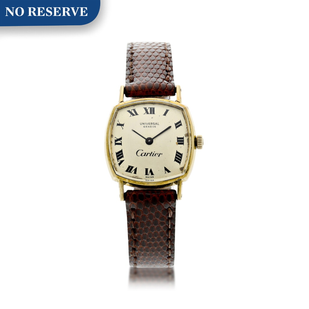 View full screen - View 1 of Lot 4. RETAILED BY CARTIER: A LADY'S YELLOW GOLD CUSHION SHAPED WRISTWATCH, CIRCA 1960.